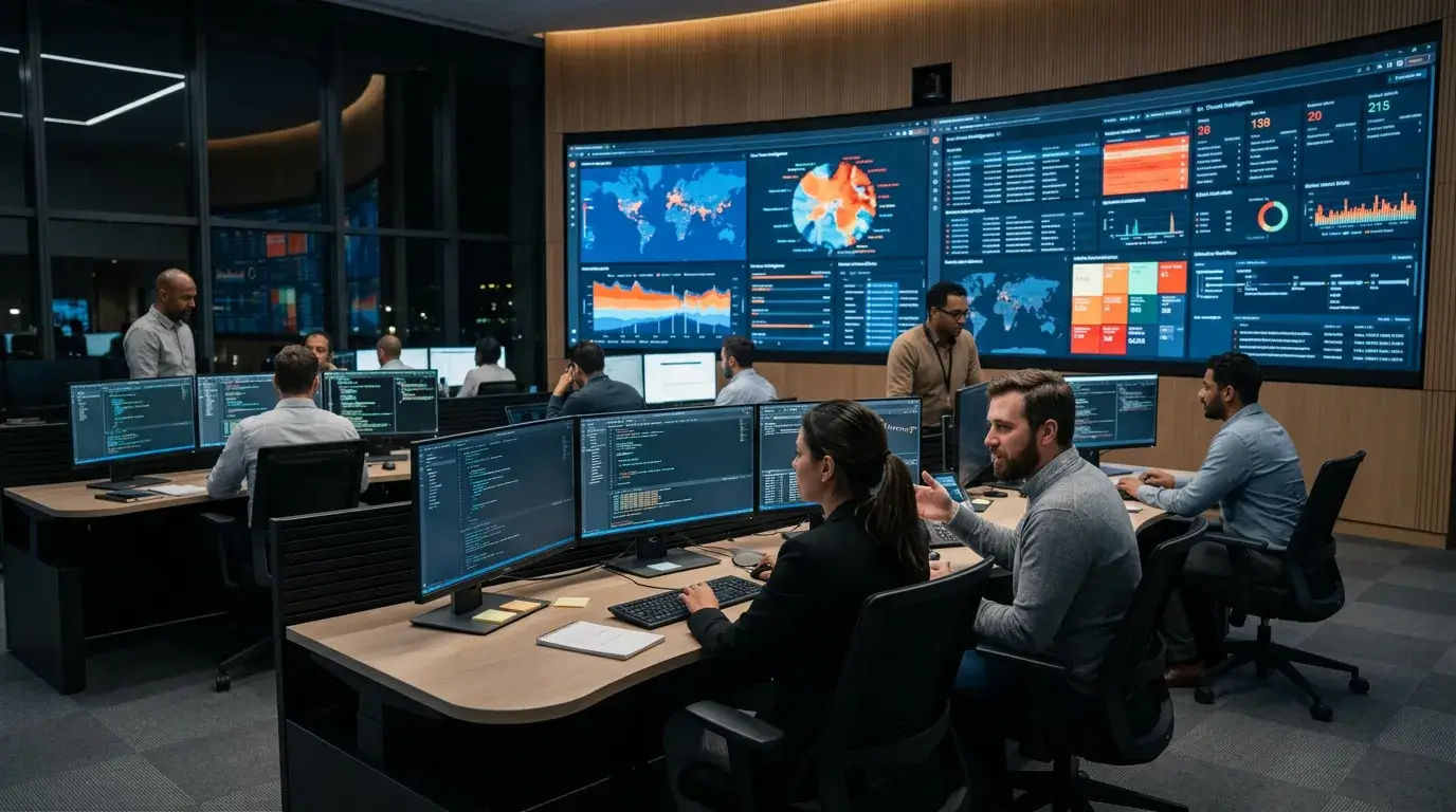 Security Operations Center monitoring cybersecurity threats and incident response activities